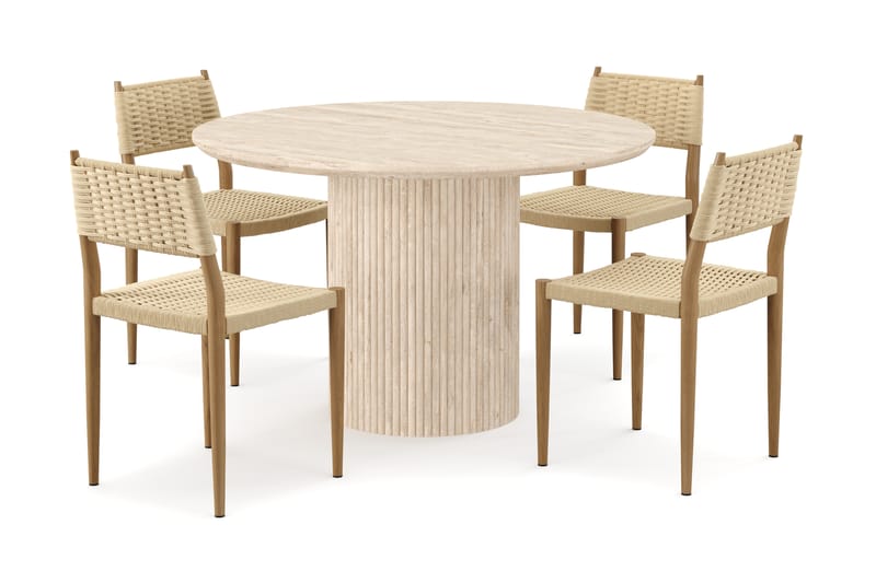 Kopparbo Rundt Spisebord 130cm Travertin-look med 4 stk Jamna Matstkolar - Beige - Møbler - Bord - Spisegruppe