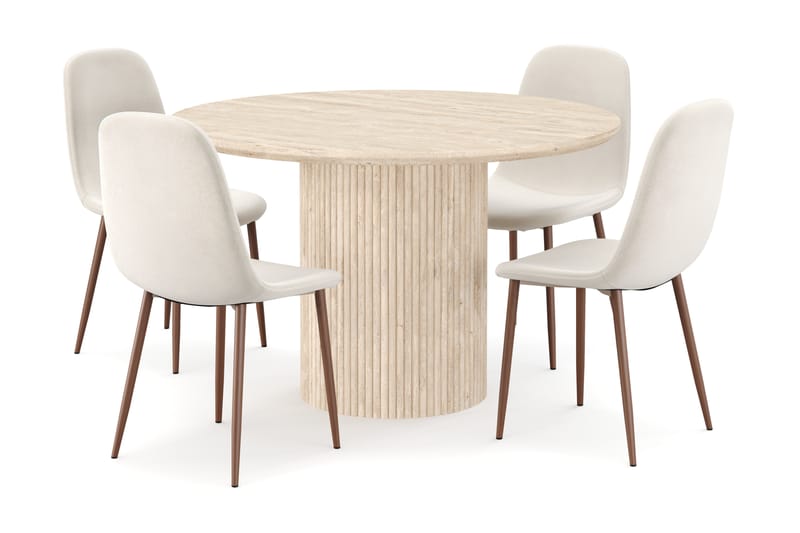 Kopparbo Rundt Spisebord 130cm Travertin-look med 4 stk Nibe Matstkolar - Beige - Møbler - Bord - Spisegruppe