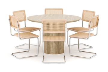 Kopparbo Rundt Spisebord 130cm Travertin-look med 6 stk Build Matstkolar - Beige - Møbler - Bord - Spisegruppe