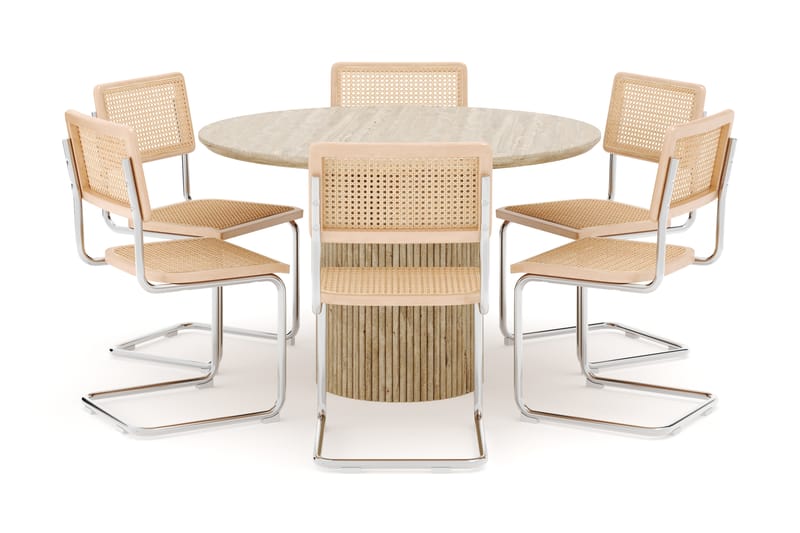 Kopparbo Rundt Spisebord 130cm Travertin-look med 6 stk Build Matstkolar - Beige - Møbler - Bord - Spisegruppe