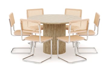 Kopparbo Rundt Spisebord 130cm Travertin-look med 6 stk Build Matstkolar - Beige - Møbler - Bord - Spisegruppe