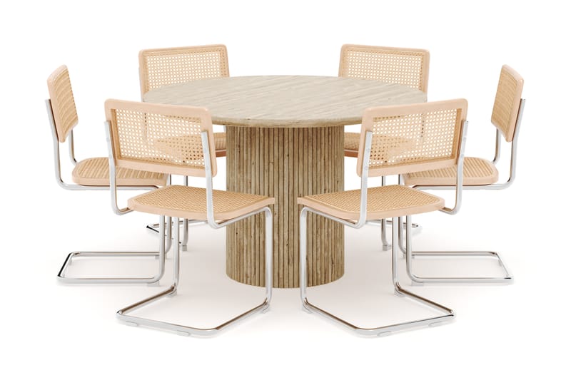 Kopparbo Rundt Spisebord 130cm Travertin-look med 6 stk Build Matstkolar - Beige - Møbler - Bord - Spisegruppe