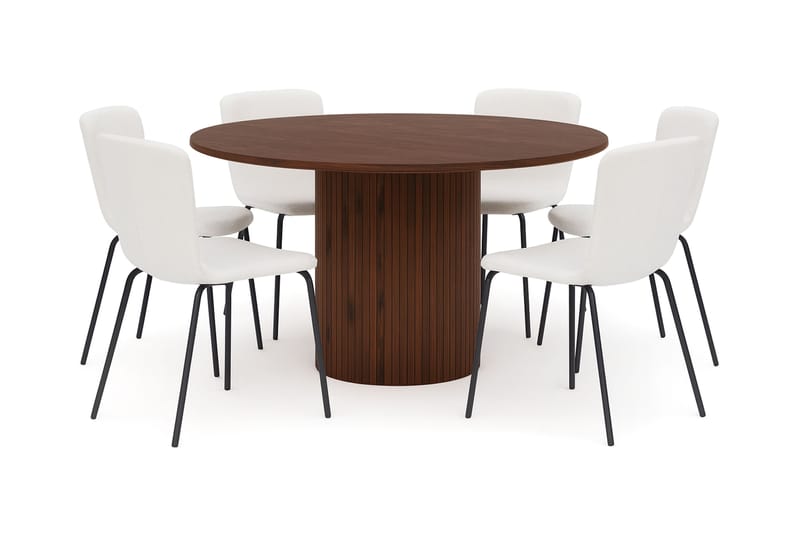 Kopparbo Rundt Spisebord 150 cm med 4 Katy Spisestoler, Valnøtt / Hvit Bouclé / Metallben Svart