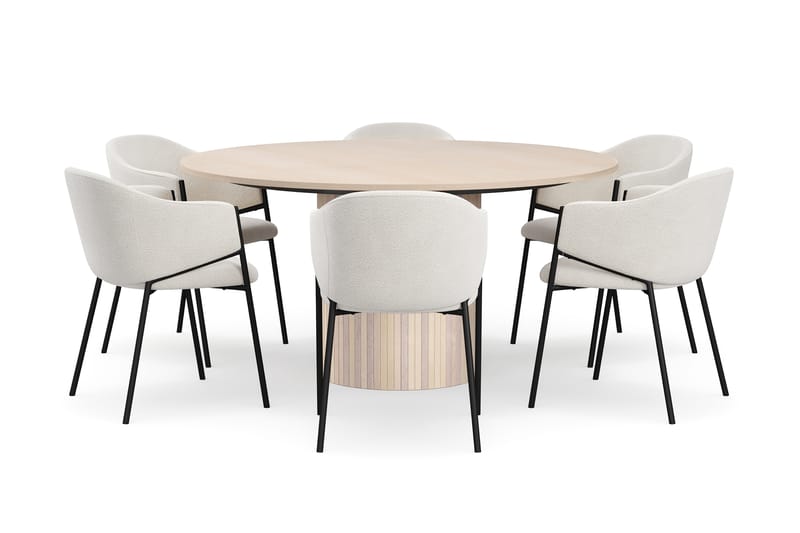 Kopparbo Rundt Spisebord 150 cm med 6 Filip Spisestoler, Hvit / Hvit Bouclé