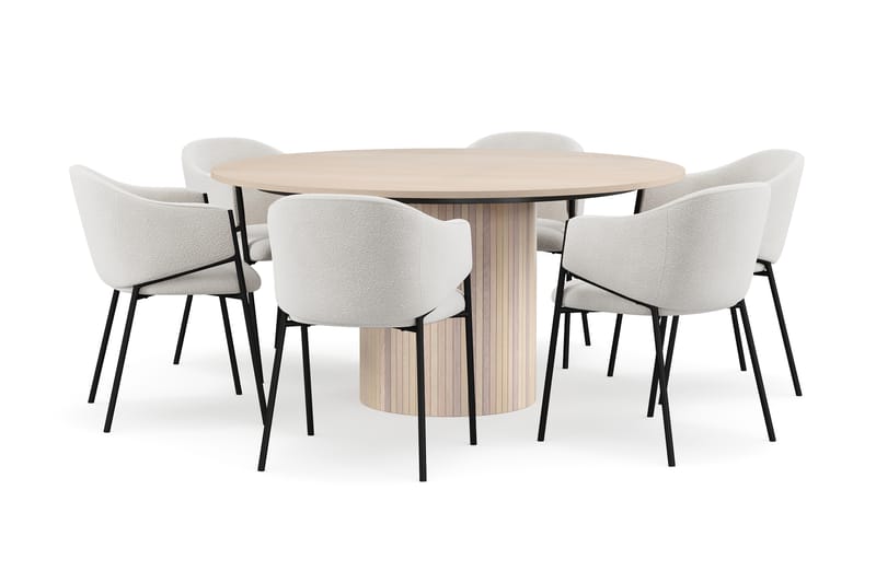 Kopparbo Rundt Spisebord 150 cm med 6 Filip Spisestoler - Hvit / Hvit Bouclé - Møbler - Bord - Spisegruppe