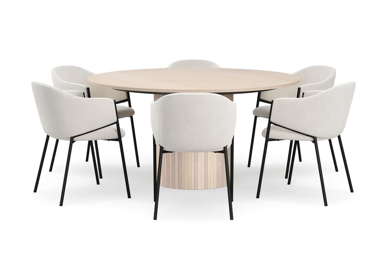 Kopparbo Rundt Spisebord 150 cm med 6 Filip Spisestoler - Hvit / Hvit Bouclé - Møbler - Bord - Spisegruppe