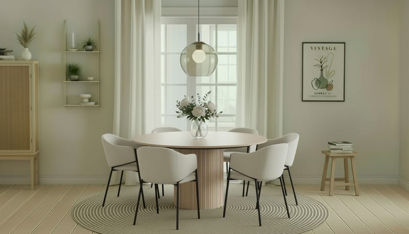 Kopparbo Rundt Spisebord 150 cm med 6 Filip Spisestoler - Hvit / Hvit Bouclé - Møbler - Bord - Spisegruppe