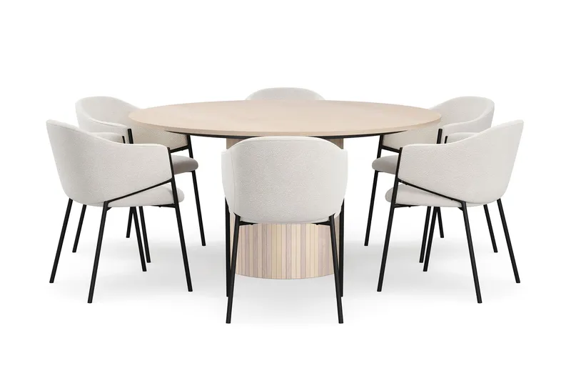 Kopparbo Rundt Spisebord 150 cm med 6 Filip Spisestoler - Hvit / Hvit Bouclé - Møbler - Bord - Spisegruppe