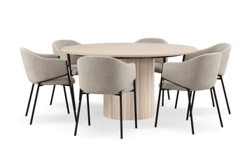 Kopparbo Rundt Spisebord 150 cm med 6 Filip Spisestoler - Hvit / Taupe Bouclé - Møbler - Bord - Spisegruppe