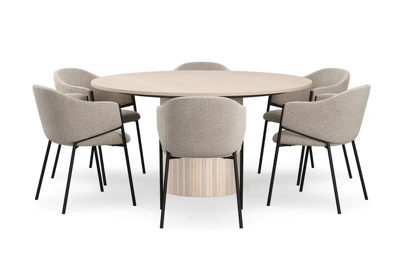 Kopparbo Rundt Spisebord 150 cm med 6 Filip Spisestoler - Hvit / Taupe Bouclé - Møbler - Bord - Spisegruppe