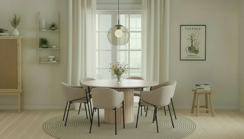 Kopparbo Rundt Spisebord 150 cm med 6 Filip Spisestoler - Hvit / Taupe Bouclé - Møbler - Bord - Spisegruppe