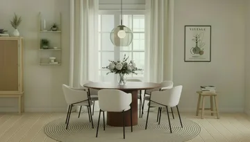 Kopparbo Rundt Spisebord 150 cm med 6 Filip Spisestoler - Valnøtt / Hvit Bouclé - Møbler - Bord - Spisegruppe