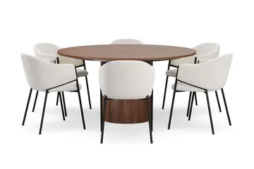Kopparbo Rundt Spisebord 150 cm med 6 Filip Spisestoler - Valnøtt / Hvit Bouclé - Møbler - Bord - Spisegruppe