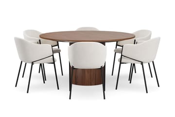 Kopparbo Rundt Spisebord 150 cm med 6 Filip Spisestoler - Valnøtt / Hvit Bouclé - Møbler - Bord - Spisegruppe