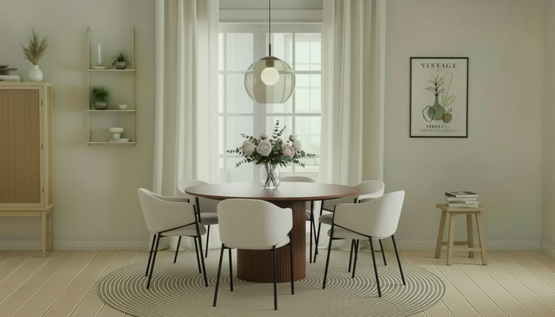 Kopparbo Rundt Spisebord 150 cm med 6 Filip Spisestoler - Valnøtt / Hvit Bouclé - Møbler - Bord - Spisegruppe