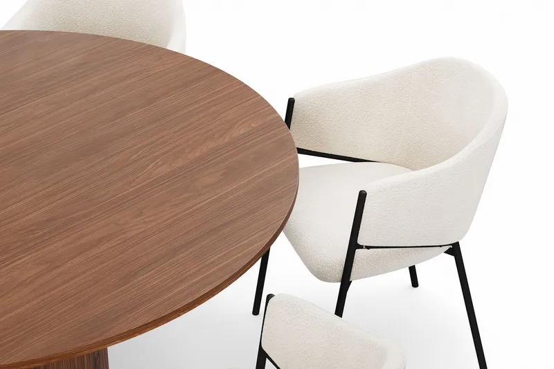 Kopparbo Rundt Spisebord 150 cm med 6 Filip Spisestoler - Valnøtt / Hvit Bouclé - Møbler - Bord - Spisegruppe