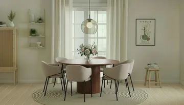 Kopparbo Rundt Spisebord 150 cm med 6 Filip Spisestoler - Valnøtt / Taupe Bouclé - Møbler - Bord - Spisegruppe