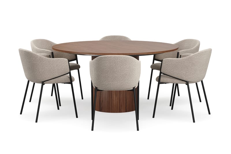 Kopparbo Rundt Spisebord 150 cm med 6 Filip Spisestoler, Valnøtt / Taupe Bouclé