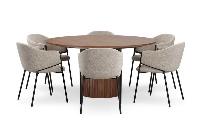 Kopparbo Rundt Spisebord 150 cm med 6 Filip Spisestoler - Valnøtt / Taupe Bouclé - Møbler - Bord - Spisegruppe