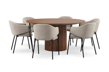 Kopparbo Rundt Spisebord 150 cm med 6 Filip Spisestoler - Valnøtt / Taupe Bouclé - Møbler - Bord - Spisegruppe