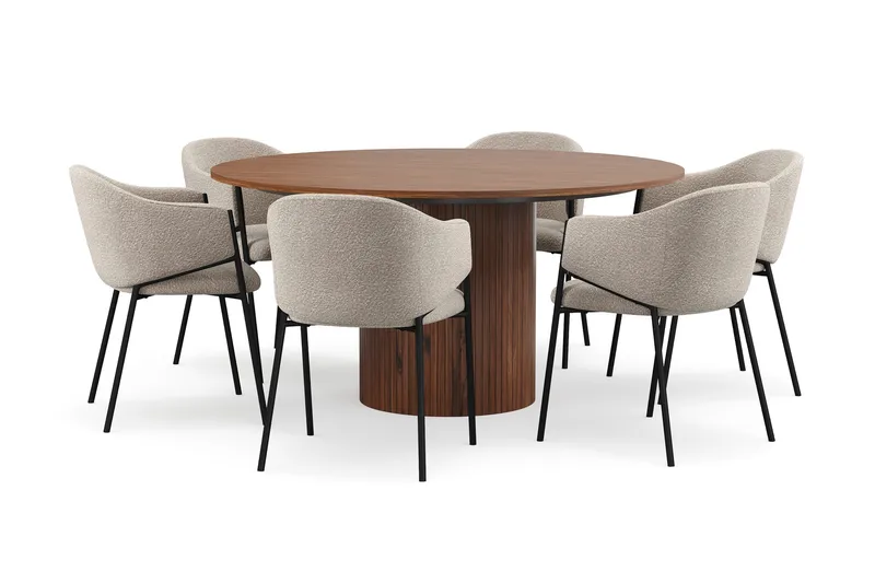 Kopparbo Rundt Spisebord 150 cm med 6 Filip Spisestoler, Valnøtt / Taupe Bouclé