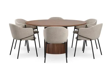 Kopparbo Rundt Spisebord 150 cm med 6 Filip Spisestoler - Valnøtt / Taupe Bouclé - Møbler - Bord - Spisegruppe