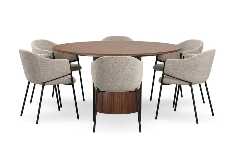 Kopparbo Rundt Spisebord 150 cm med 6 Filip Spisestoler - Valnøtt / Taupe Bouclé - Møbler - Bord - Spisegruppe