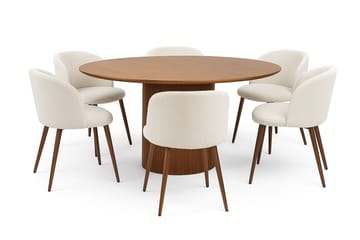 Kopparbo Rundt Spisebord 150 cm med 6 Greya Spisestoler med armlener - Valnøtt / Hvit Bouclé / Metallben Valnøtt - Møbler - Bord - Spisegruppe