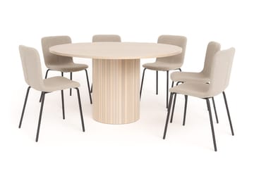 Kopparbo Rundt Spisebord 150 cm med 6 Katy Spisestoler - Hvit / Greige Bouclé / Metallben Svart - Møbler - Bord - Spisegruppe