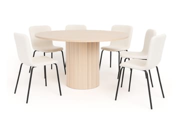 Kopparbo Rundt Spisebord 150 cm med 6 Katy Spisestoler - Hvit / Hvit Bouclé / Metallben Svart - Møbler - Bord - Spisegruppe