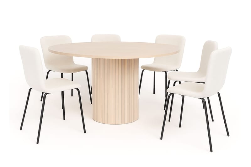 Kopparbo Rundt Spisebord 150 cm med 6 Katy Spisestoler, Hvit / Hvit Bouclé / Metallben Svart