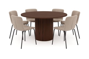Kopparbo Rundt Spisebord 150 cm med 6 Katy Spisestoler - Valnøtt / Greige Bouclé / Metallben Svart - Møbler - Bord - Spisegruppe