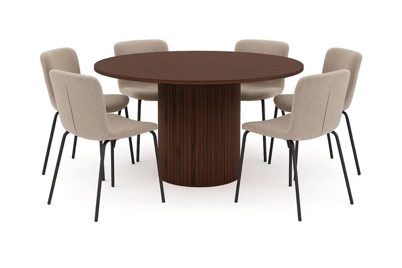 Kopparbo Rundt Spisebord 150 cm med 6 Katy Spisestoler, Valnøtt / Greige Bouclé / Metallben Svart