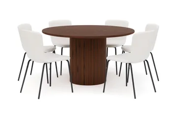 Kopparbo Rundt Spisebord 150 cm med 6 Katy Spisestoler - Valnøtt / Hvit Bouclé / Metallben Svart - Møbler - Bord - Spisegruppe
