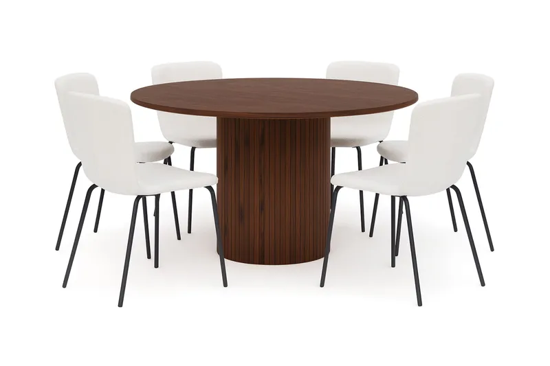 Kopparbo Rundt Spisebord 150 cm med 6 Katy Spisestoler, Valnøtt / Hvit Bouclé / Metallben Svart