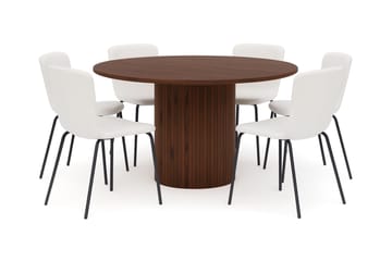Kopparbo Rundt Spisebord 150 cm med 6 Katy Spisestoler - Valnøtt / Hvit Bouclé / Metallben Svart - Møbler - Bord - Spisegruppe