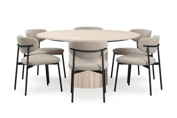 Kopparbo Rundt Spisebord 150 cm med 6 Lucy Spisestoler - Hvit / Greige Bouclé / Metallben Svart - Møbler - Bord - Spisegruppe