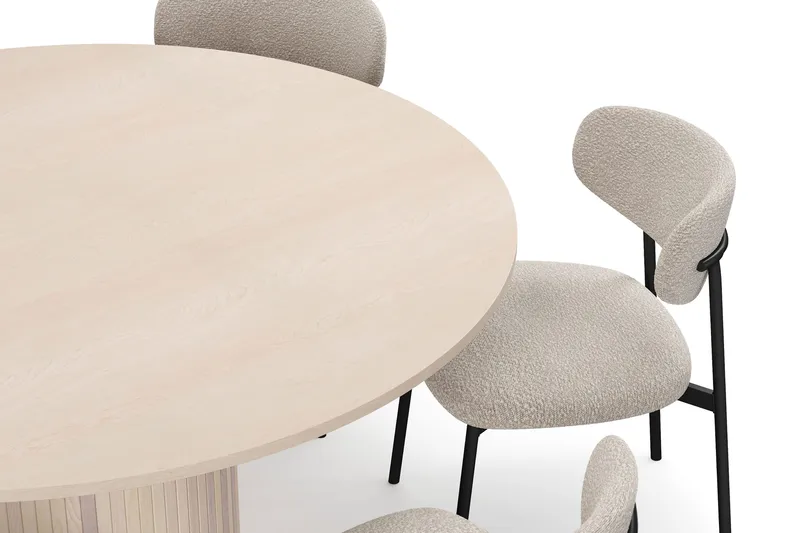 Kopparbo Rundt Spisebord 150 cm med 6 Lucy Spisestoler - Hvit / Greige Bouclé / Metallben Svart - Møbler - Bord - Spisegruppe