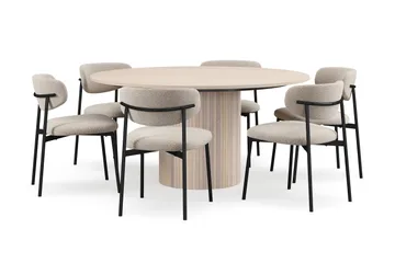 Kopparbo Rundt Spisebord 150 cm med 6 Lucy Spisestoler - Hvit / Greige Bouclé / Metallben Svart - Møbler - Bord - Spisegruppe