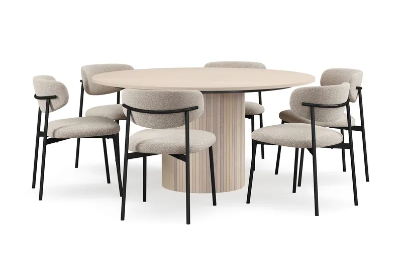 Kopparbo Rundt Spisebord 150 cm med 6 Lucy Spisestoler - Hvit / Greige Bouclé / Metallben Svart - Møbler - Bord - Spisegruppe