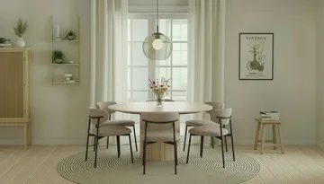 Kopparbo Rundt Spisebord 150 cm med 6 Lucy Spisestoler - Hvit / Greige Bouclé / Metallben Svart - Møbler - Bord - Spisegruppe