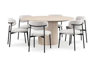Kopparbo Rundt Spisebord 150 cm med 6 Lucy Spisestoler - Hvit / Hvit Bouclé / Metallben Svart - Møbler - Bord - Spisegruppe