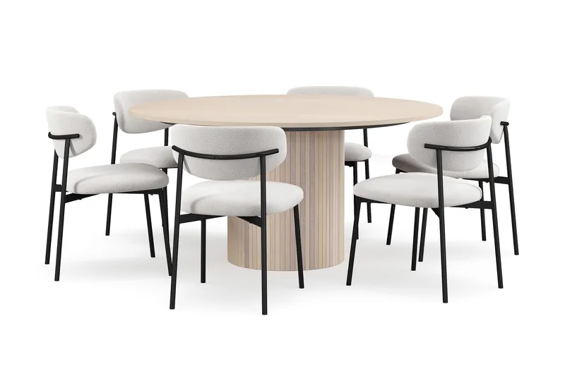 Kopparbo Rundt Spisebord 150 cm med 6 Lucy Spisestoler - Hvit / Hvit Bouclé / Metallben Svart - Møbler - Bord - Spisegruppe