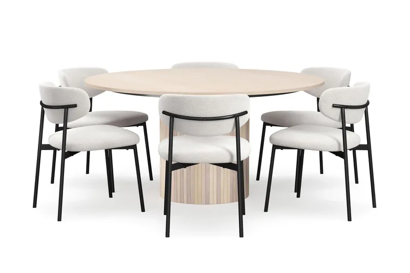 Kopparbo Rundt Spisebord 150 cm med 6 Lucy Spisestoler, Hvit / Hvit Bouclé / Metallben Svart