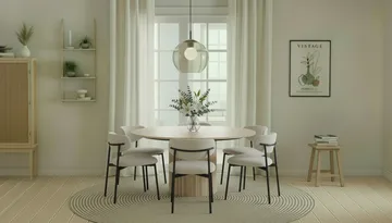 Kopparbo Rundt Spisebord 150 cm med 6 Lucy Spisestoler - Hvit / Hvit Bouclé / Metallben Svart - Møbler - Bord - Spisegruppe