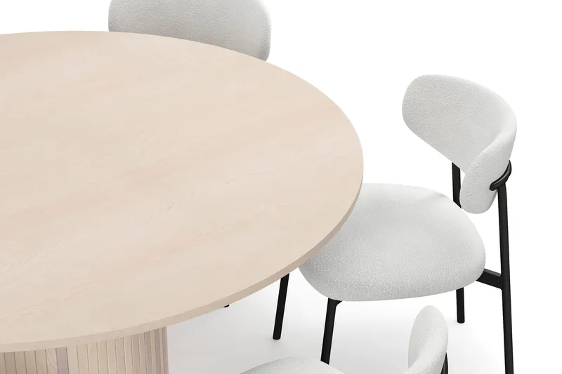 Kopparbo Rundt Spisebord 150 cm med 6 Lucy Spisestoler - Hvit / Hvit Bouclé / Metallben Svart - Møbler - Bord - Spisegruppe