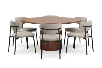 Kopparbo Rundt Spisebord 150 cm med 6 Lucy Spisestoler - Valnøtt / Greige Bouclé / Metallben Svart - Møbler - Bord - Spisegruppe