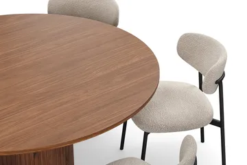 Kopparbo Rundt Spisebord 150 cm med 6 Lucy Spisestoler - Valnøtt / Greige Bouclé / Metallben Svart - Møbler - Bord - Spisegruppe