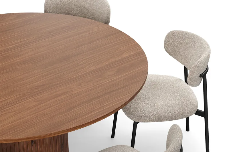 Kopparbo Rundt Spisebord 150 cm med 6 Lucy Spisestoler - Valnøtt / Greige Bouclé / Metallben Svart - Møbler - Bord - Spisegruppe