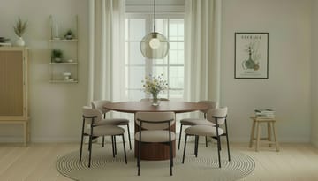 Kopparbo Rundt Spisebord 150 cm med 6 Lucy Spisestoler - Valnøtt / Greige Bouclé / Metallben Svart - Møbler - Bord - Spisegruppe